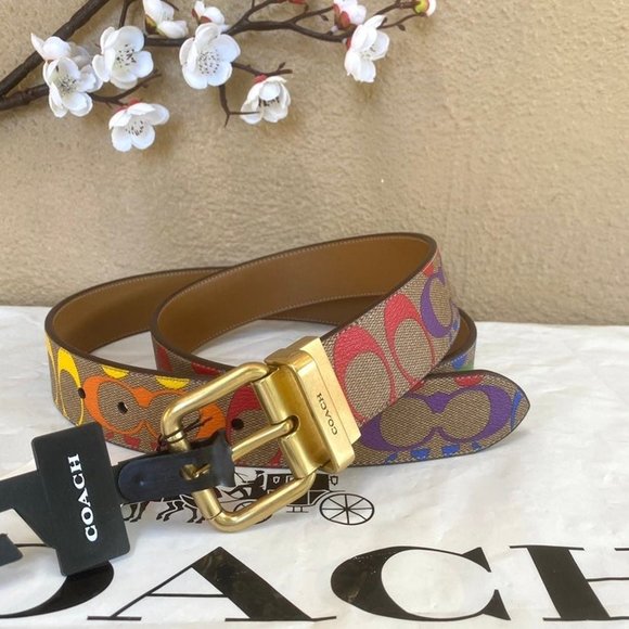 coach Roller Buckle Cut To Size Reversible Belt In Rainbow Signature Canvas - Picture 1 of 6